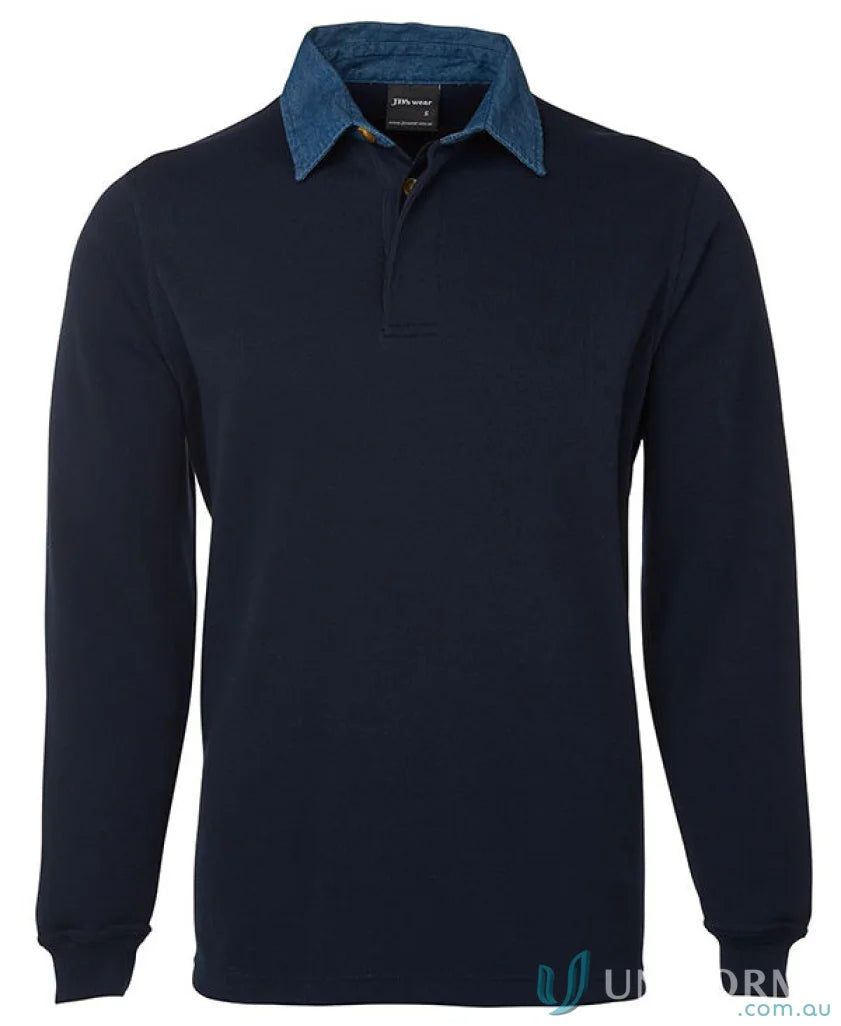 Navy long-sleeved jbs rugby jumper with denim collar and ribbed sleeve cuffs