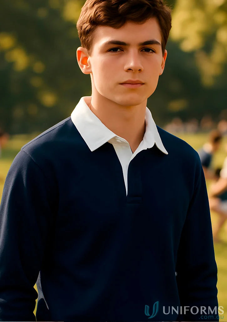 Navy blue jbs rugby jumper with ribbed sleeve cuffs from Kensington Rugby Jumper series