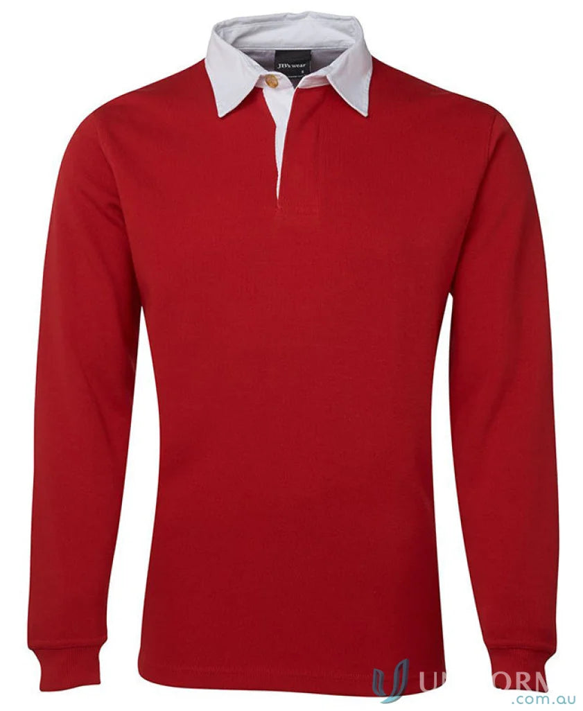 Red long-sleeved jbs rugby jumper with ribbed sleeve cuffs and white collar