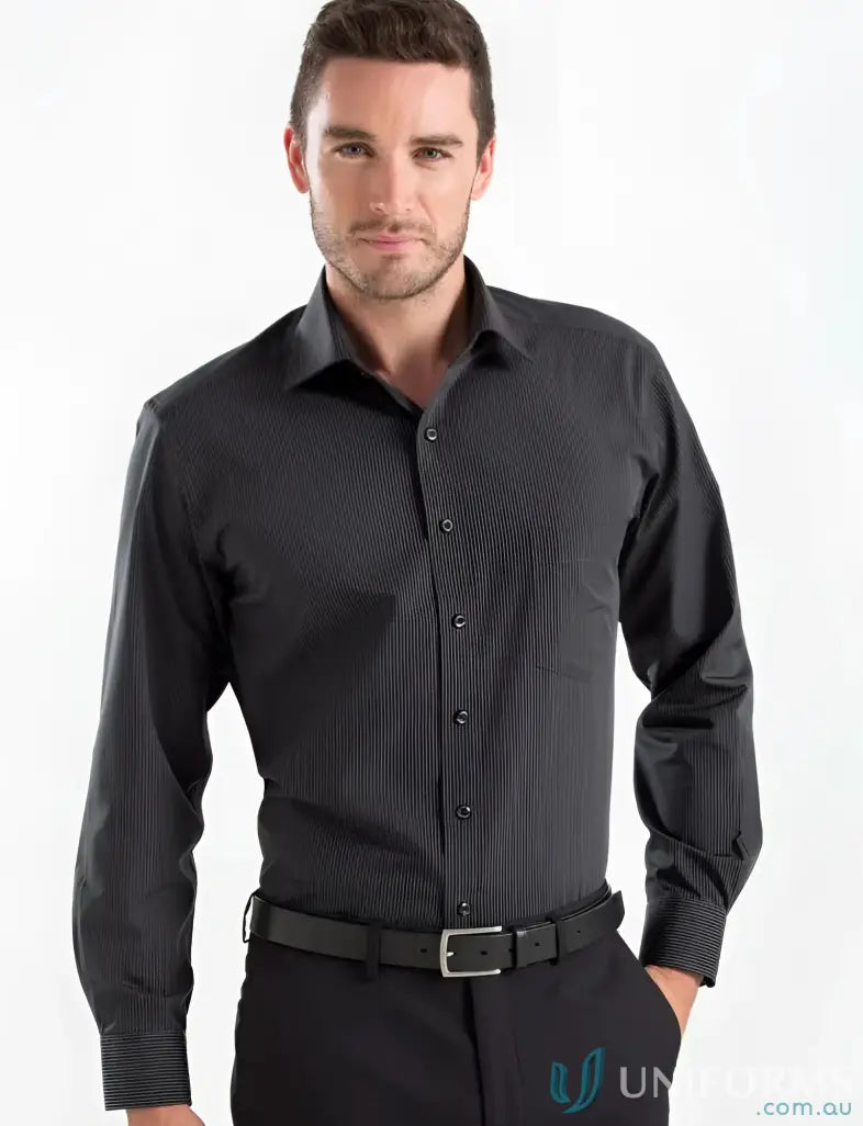 Mens dark grey long sleeve dress shirt with vertical stripes, style 236-jk Keval charcoal