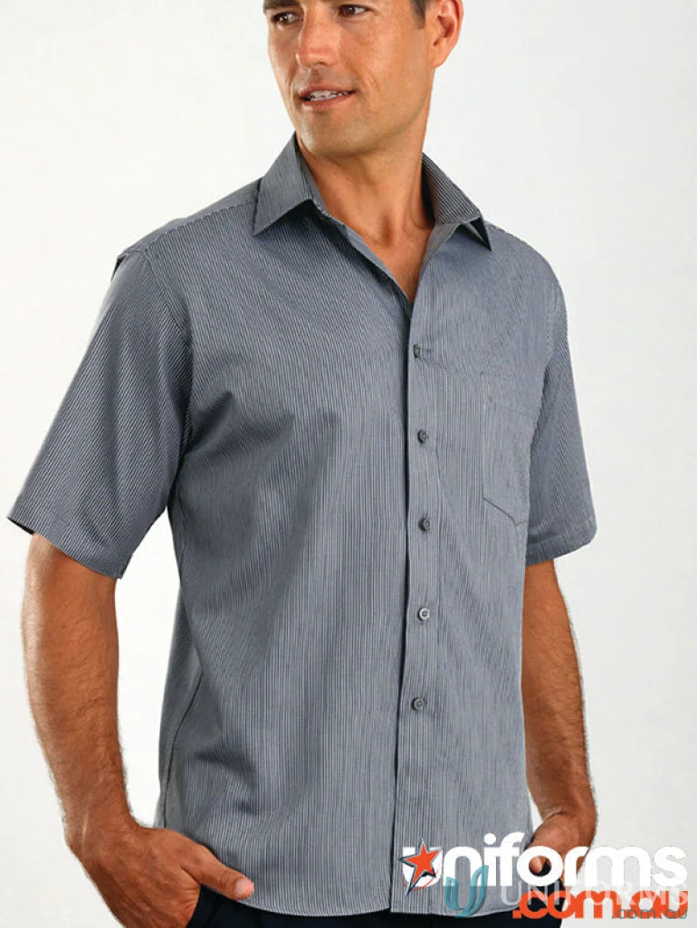Man wearing Keval Pin Stripe Long Sleeve Shirt, mens long sleeve striped button-down