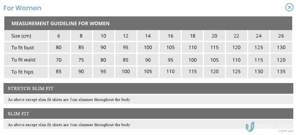 Size chart for Keval Women’s LS Dark Stripe Shirt in semi-tailored fit