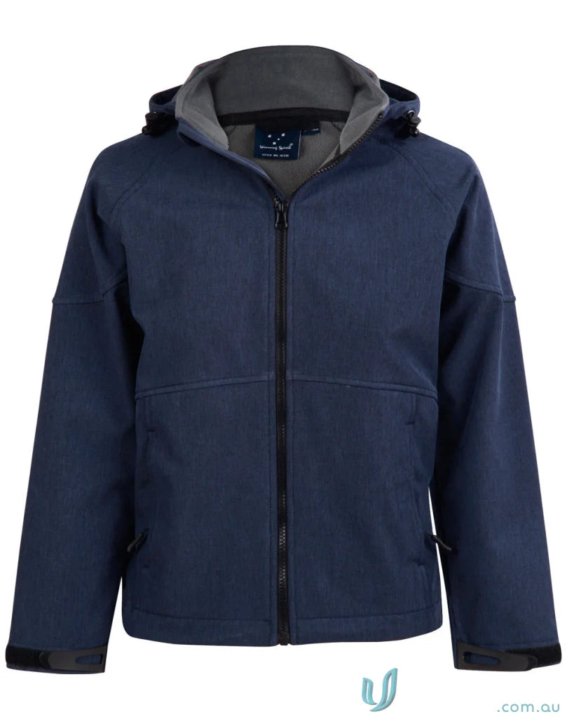 Kids Aspen Softshell Hooded Jacket in navy blue for spirit kids, jk33k cozy softshell hood jacket