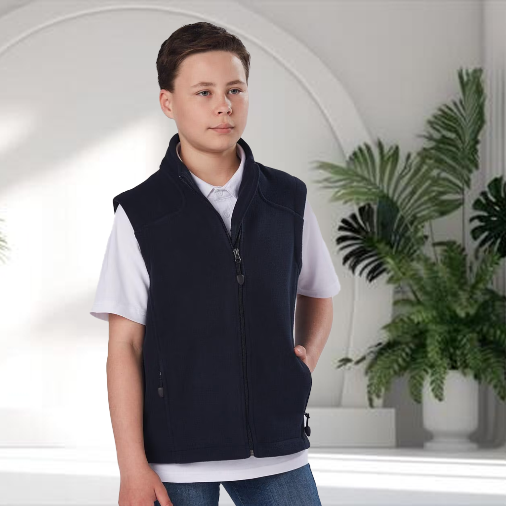 Kids Bonded Polar Vest in navy blue polar fleece with zipper and pockets