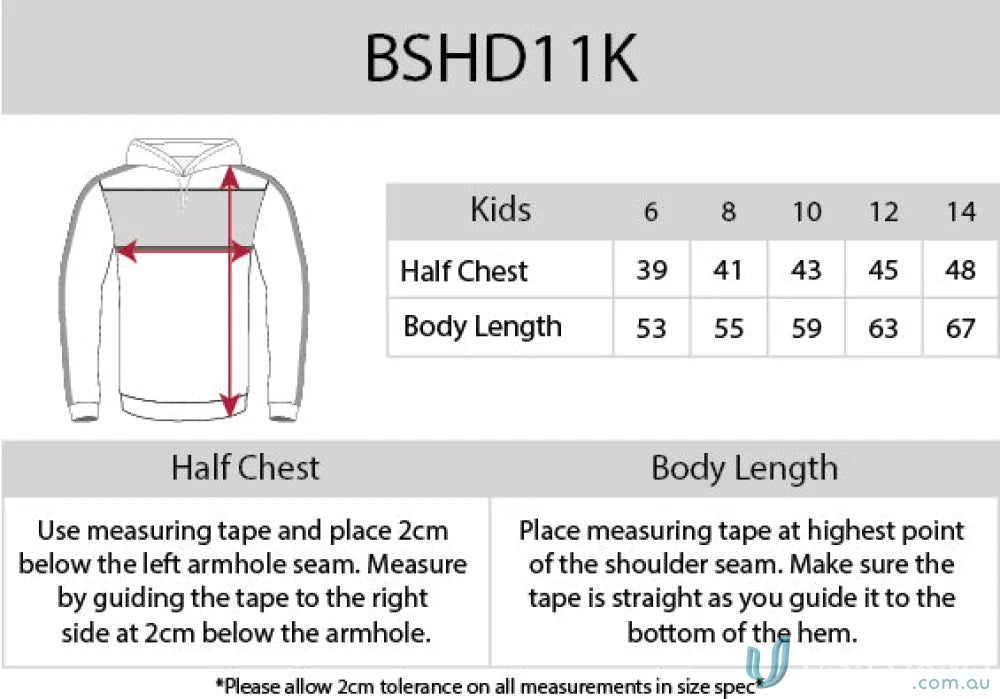 Kids Chesty Hoodie size chart with anti-pill fleece chest panel bshd11k guideimage