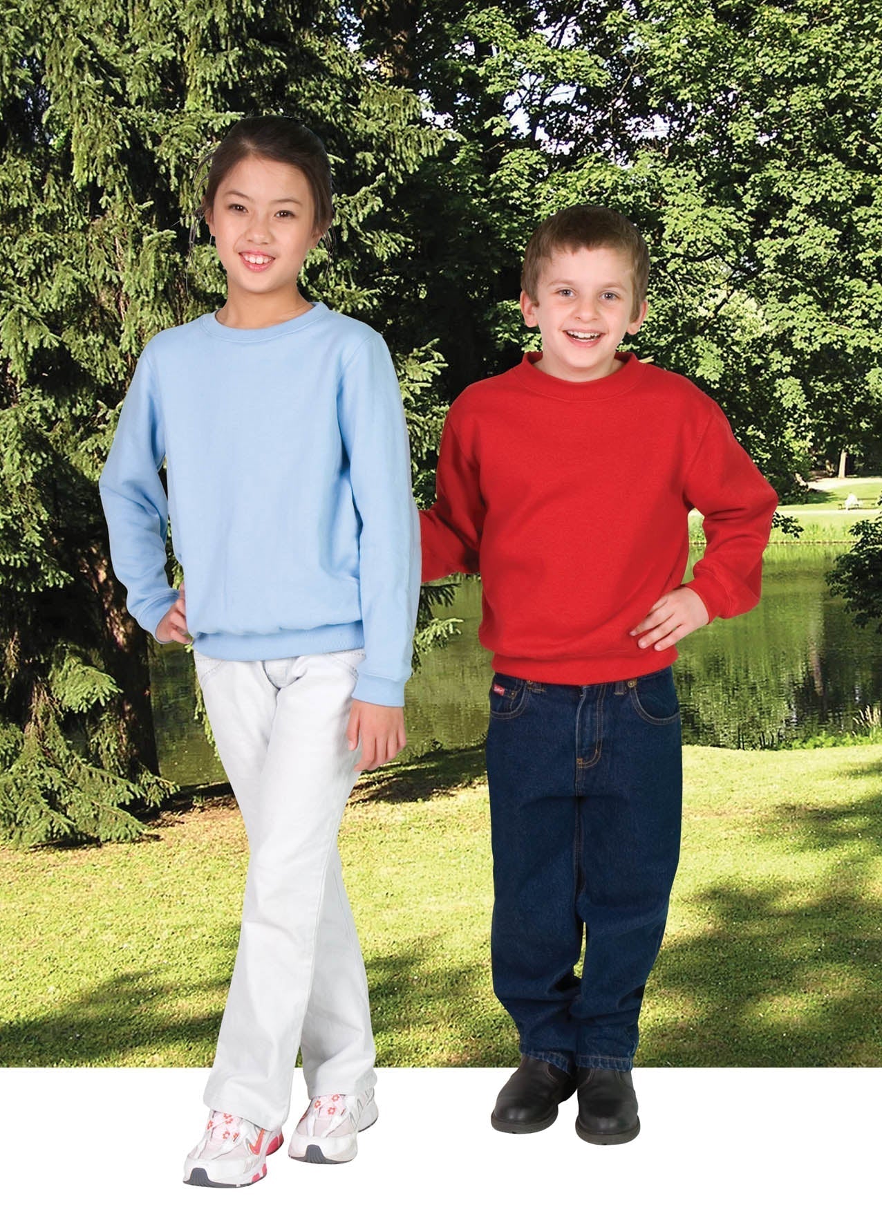 Light blue and red kids crew neck sloppy joes sweatshirts