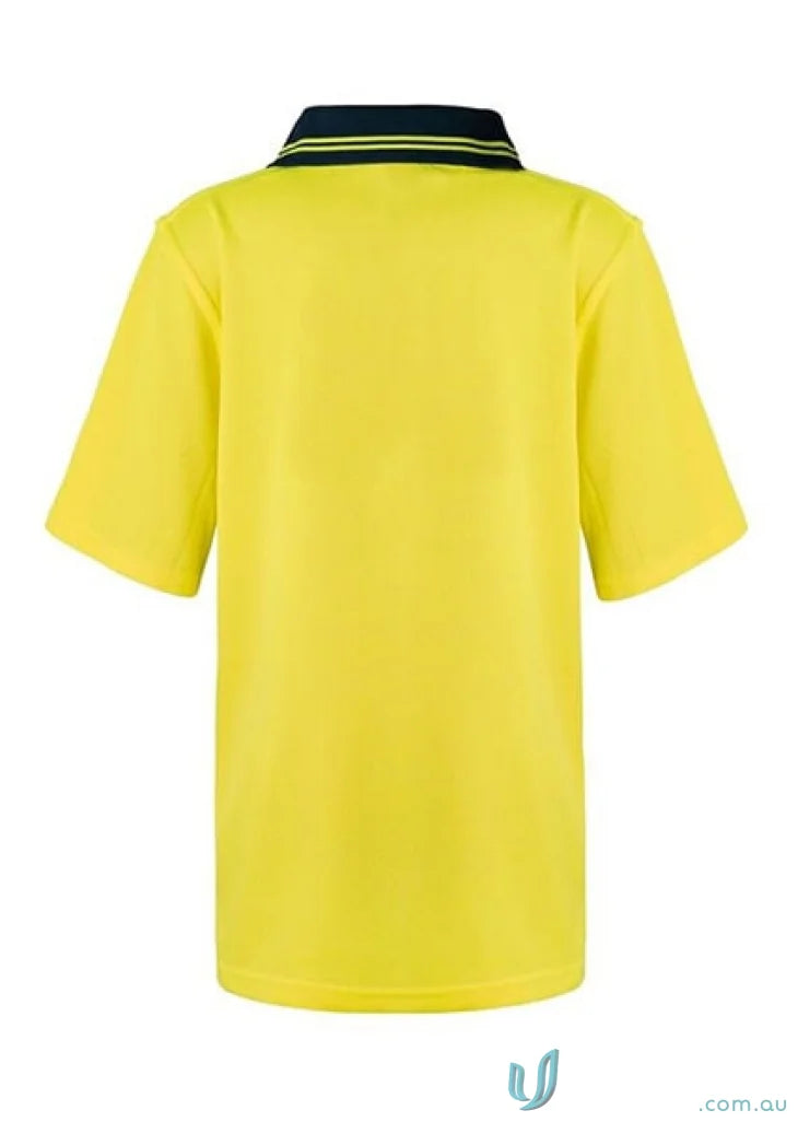 Kids HiVis SS Polo in yellow with dark collar, perfect workcraft kids hivis uniform