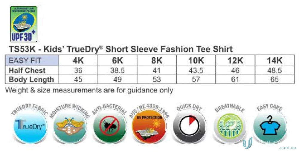 Kids Legend Tee sizing chart showing kids short sleeve tee shirts for uniforms and workwear
