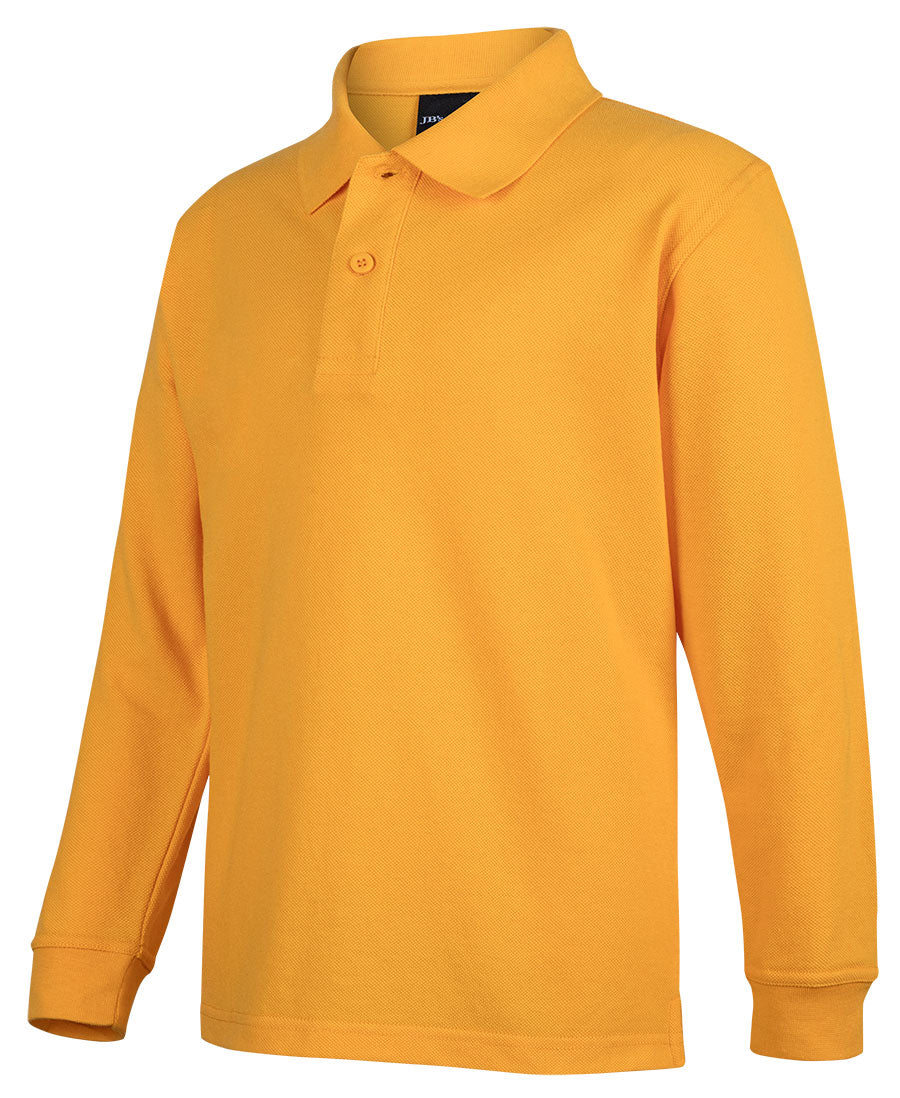 Bright yellow JB’s kids long sleeve polo shirt front view