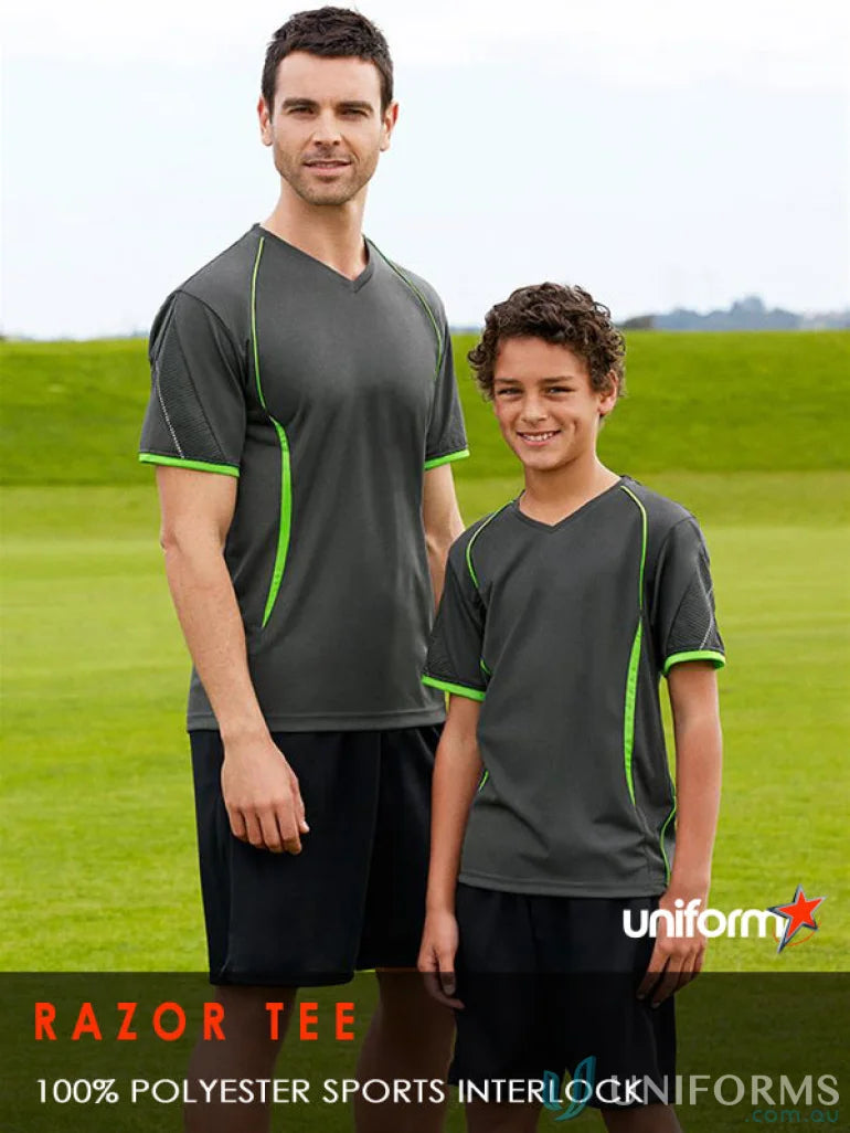 Matching gray and green Kids Razor Tee shirts from t406ks Biz Collection, made with biz cool polyester