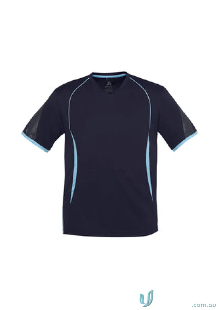 Navy blue Kids Razor Tee from t406ks biz collection with light blue trim, made of biz cool polyester