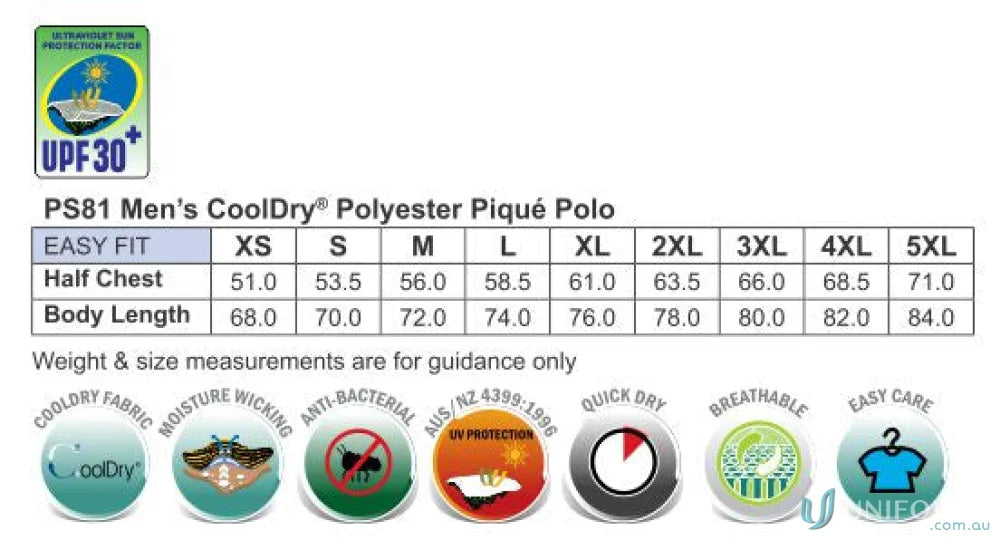 Sizing chart and features for Kids Verve Polo, perfect for PS81K Kids Uniforms and stylish kids sets
