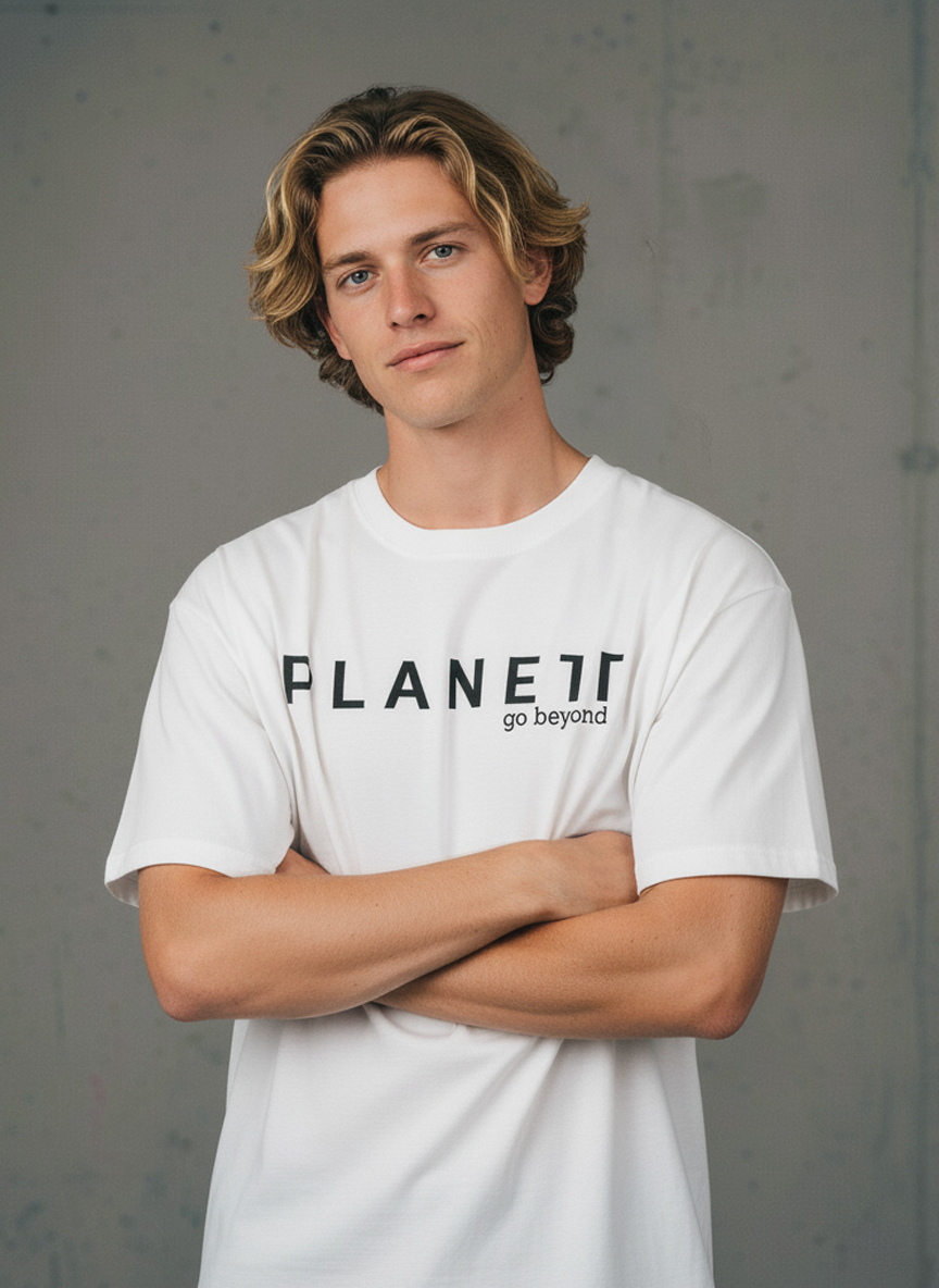 Kik Oversize Tee with white planet logo, black planet go beyond text, double needle hems