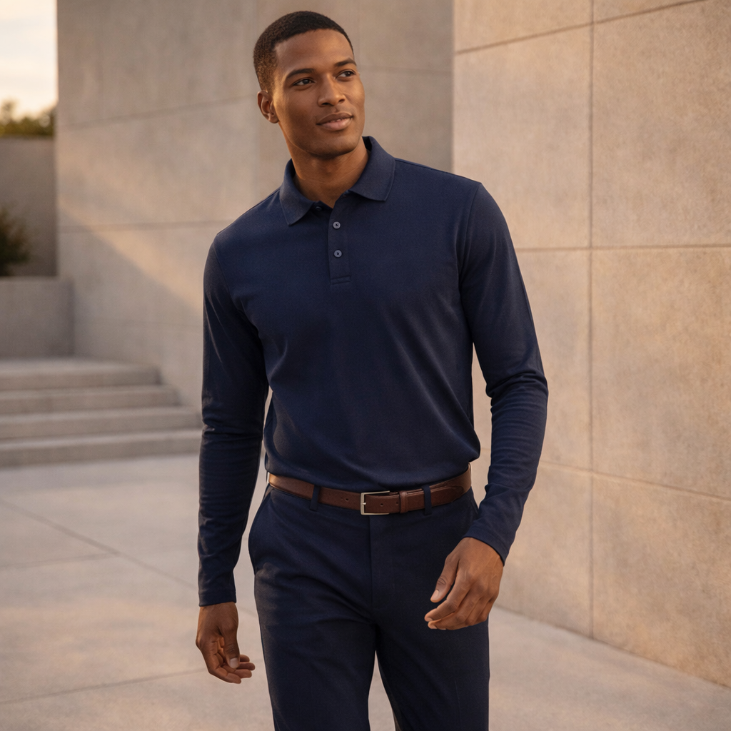 Krue LS Polo navy blue p400ml long sleeve polo with twin needle sleeves