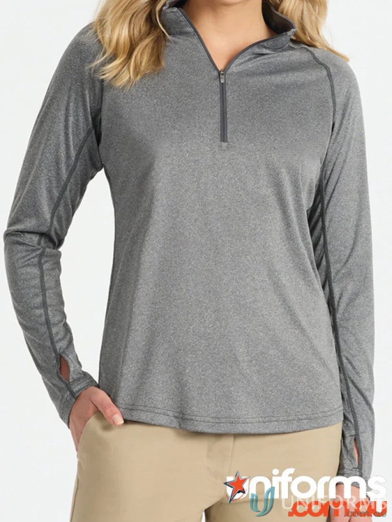 Gray long-sleeved quarter-zip shirt from Ladies Apex Baselayer for ladies outdoor wear