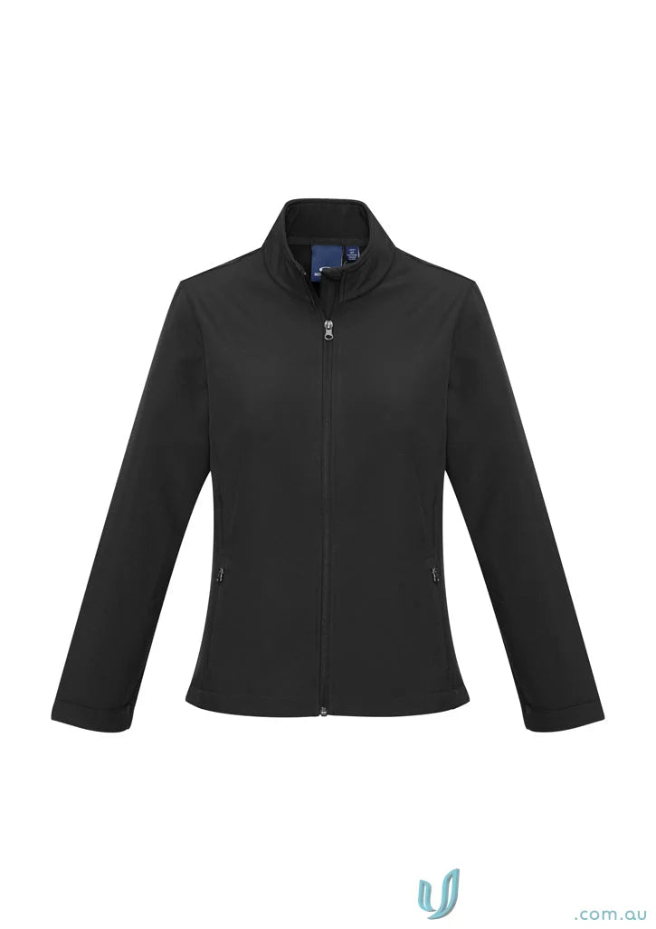 Black zip-up womens apex jacket from Biz Collection Womens Ladies Apex Softshell lineup