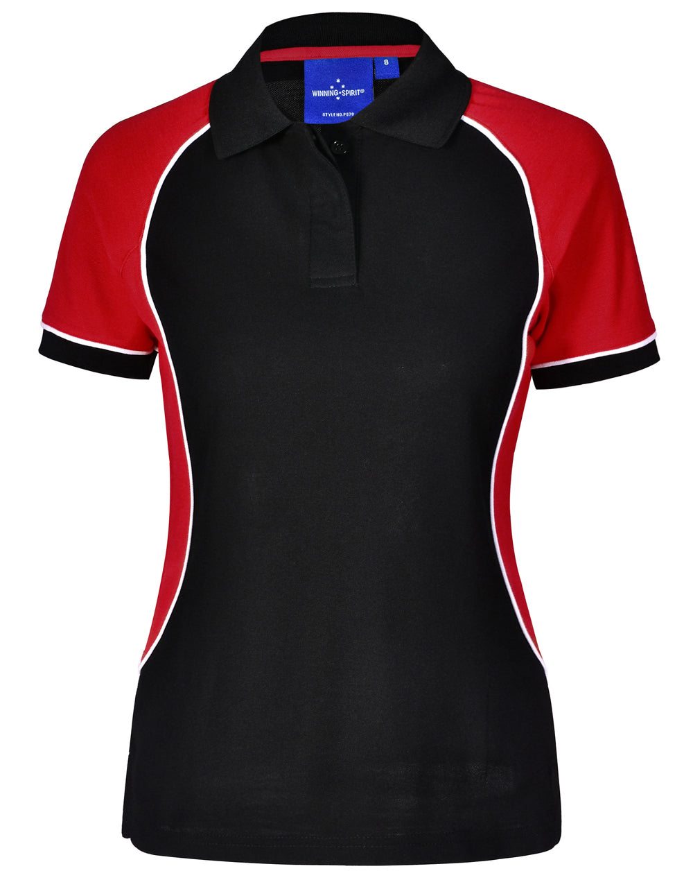 Ladies Arena Polo in black red with white trim, Truedry pique fabric