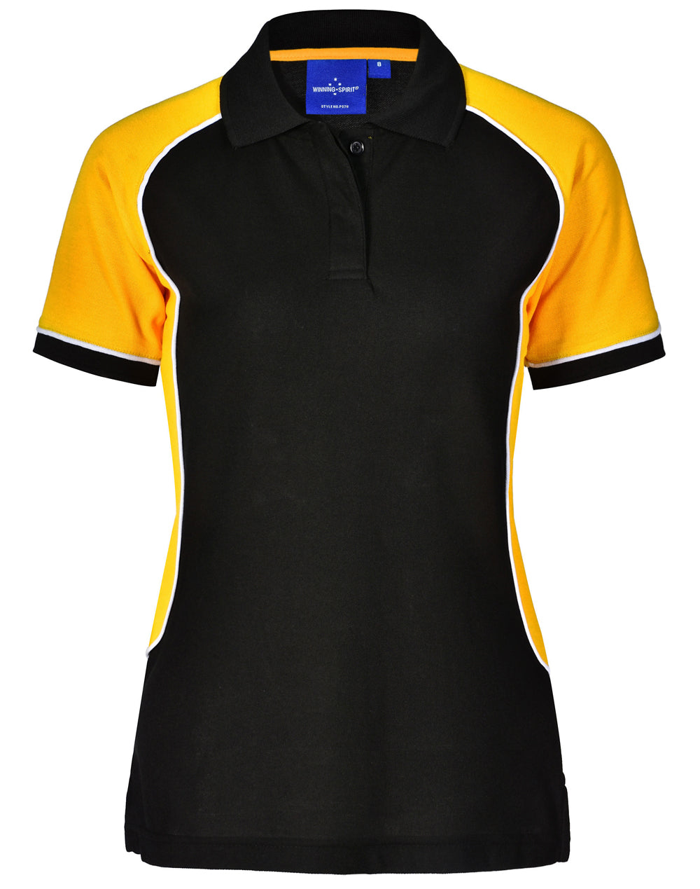 Ladies Arena Polo in black yellow with white trim Truedry pique fabric