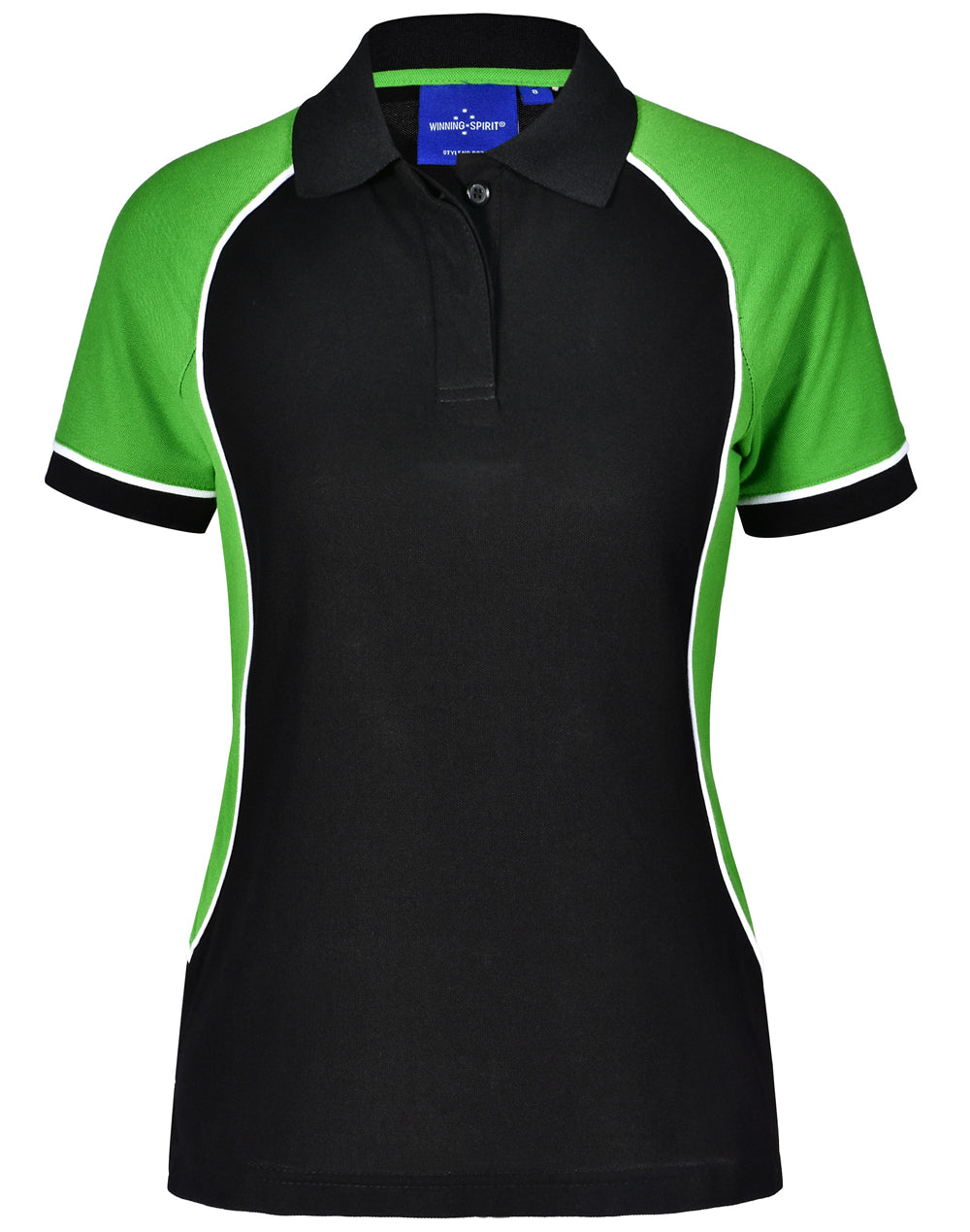 Ladies Arena Polo in black neon green with white trim Truedry pique