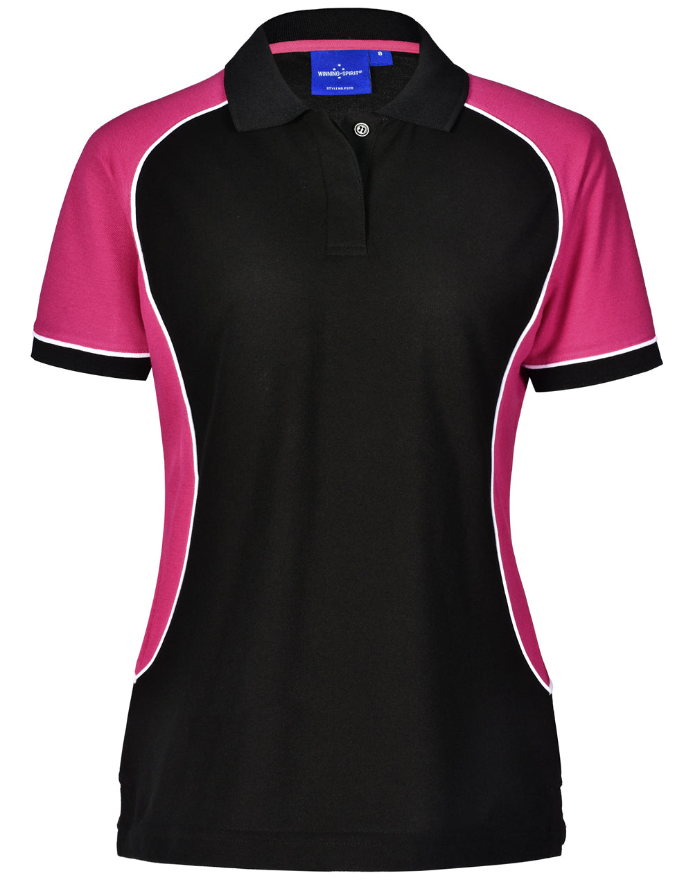 Ladies Arena Polo in black pink with white trim Truedry pique fabric