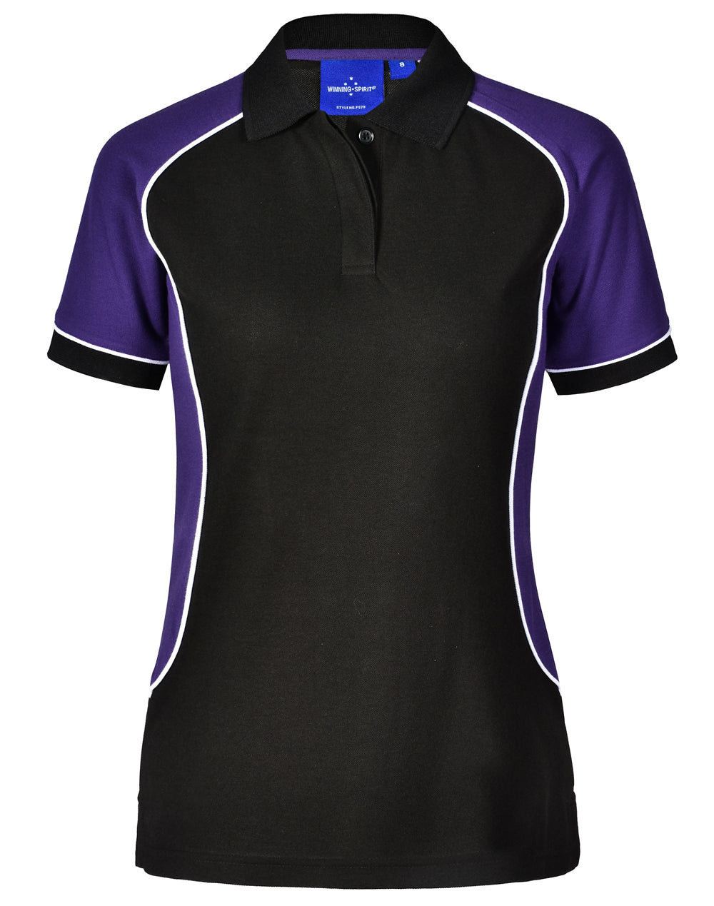 Ladies Arena Polo in black purple with white trim Truedry pique fabric