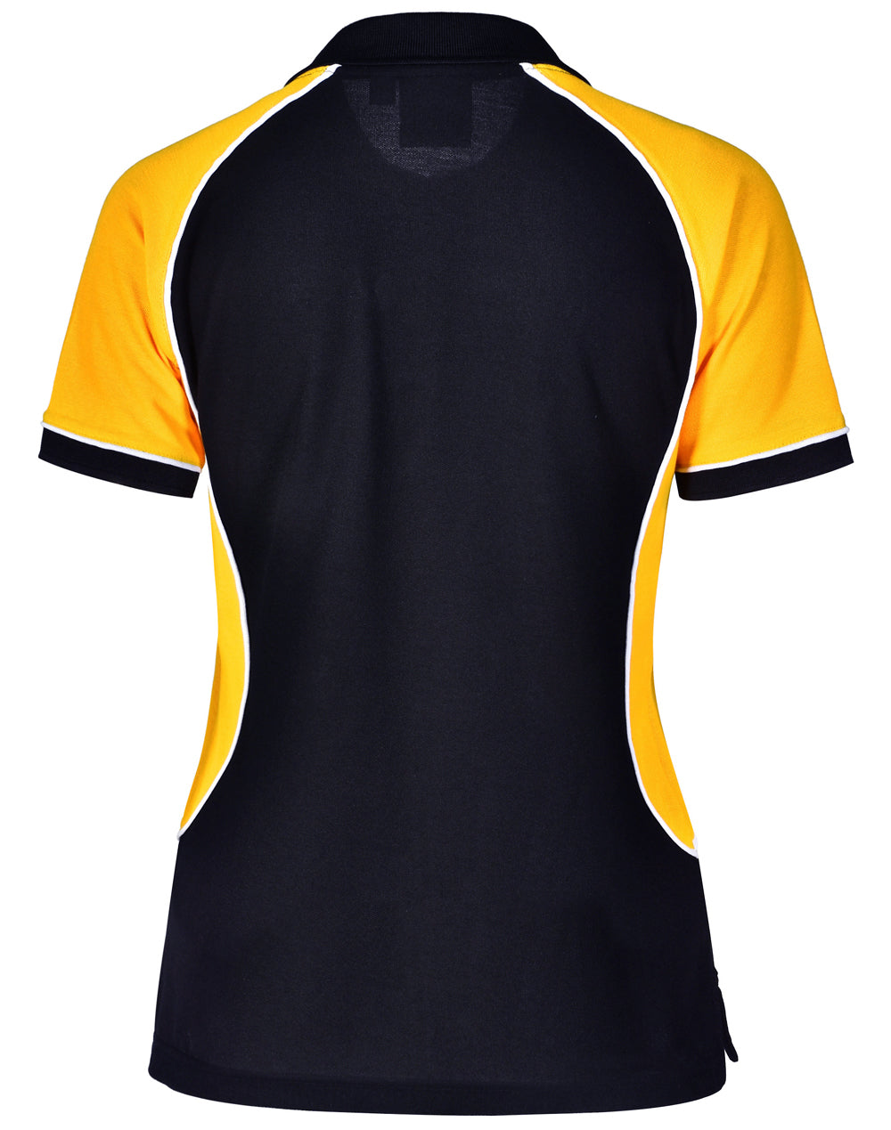 Ladies Arena Polo in black yellow with white trim on Truedry pique fabric