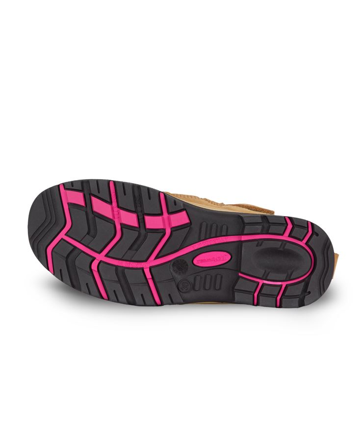Ladies Atrax Zip safety boot back with composite toe cap, tan upper, black pink sole