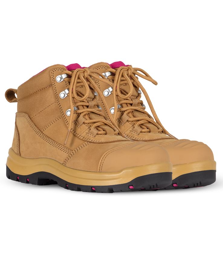 Ladies Atrax Zip safety boot with composite toe cap, tan leather pink accents