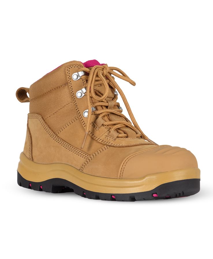 Ladies Atrax Zip safety boot with tan leather, pink accents, composite toe cap