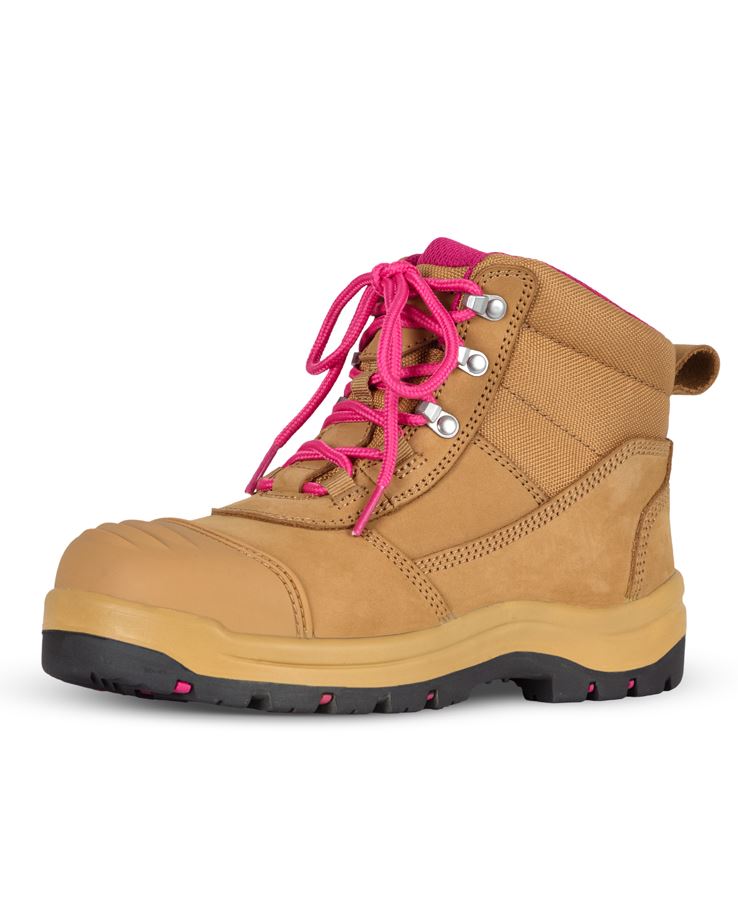 Ladies Atrax Zip safety boot with tan leather, pink laces, composite toe cap