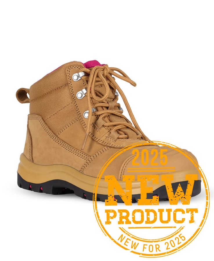 Ladies Atrax Zip safety boot with composite toe cap, tan leather, pink lining