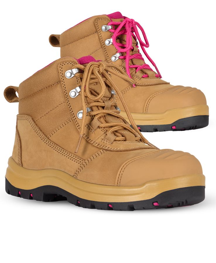Ladies Atrax Zip safety boot with composite toe cap, tan with pink laces