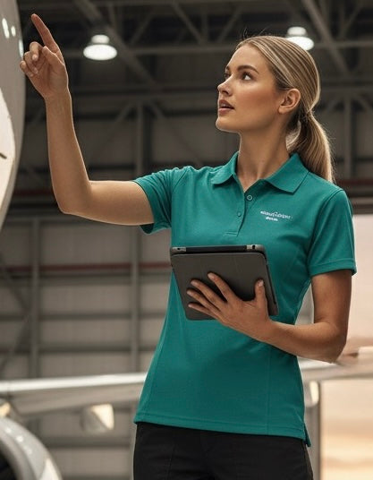 Ladies spirit bamboo charcoal corporate polo teal front view