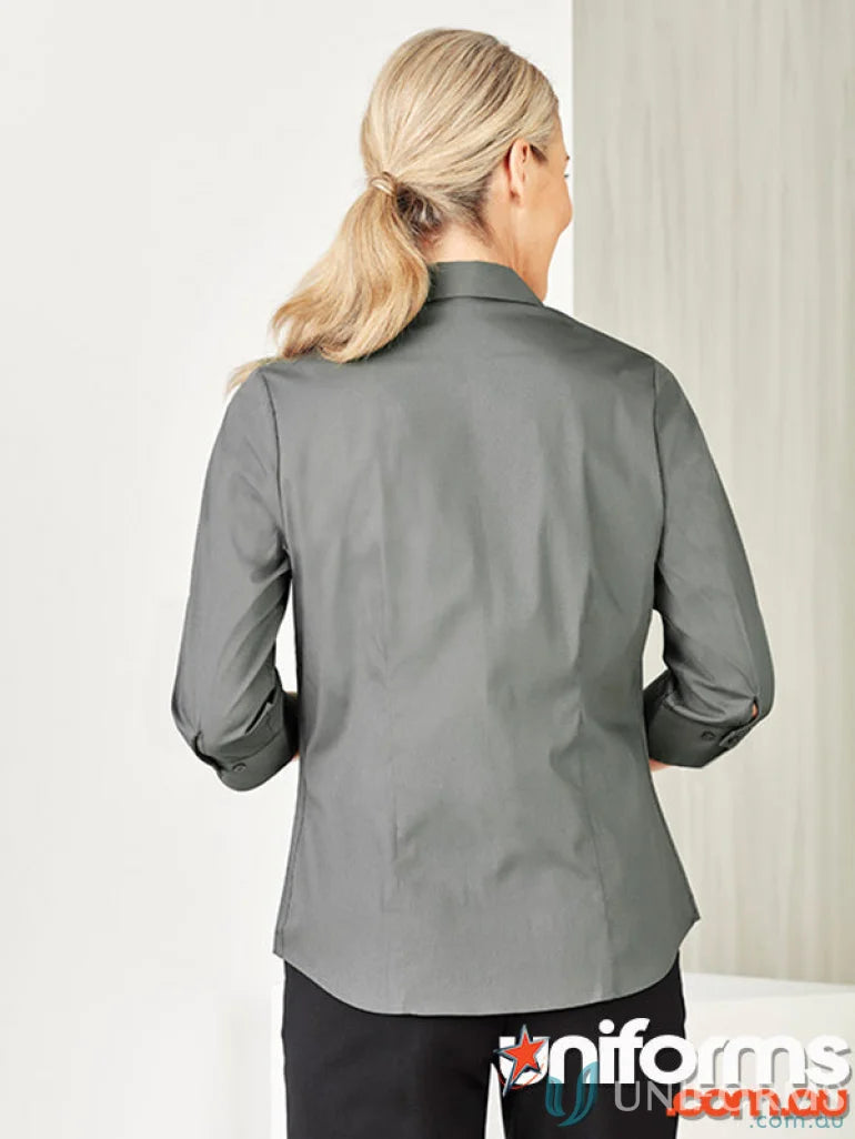 Gray womens Monaco shirt with french cuffs and tailored fit from Ladies Bentleigh 3Q Shirt
