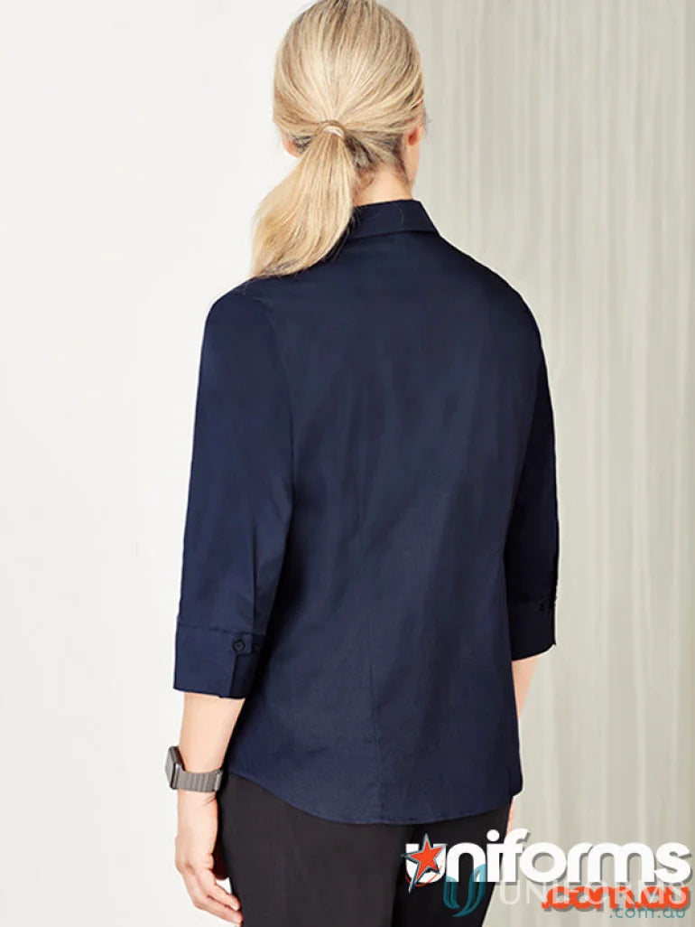 Navy blue womens Monaco shirt with French cuffs and tailored fit for Ladies Bentleigh 3Q Shirt