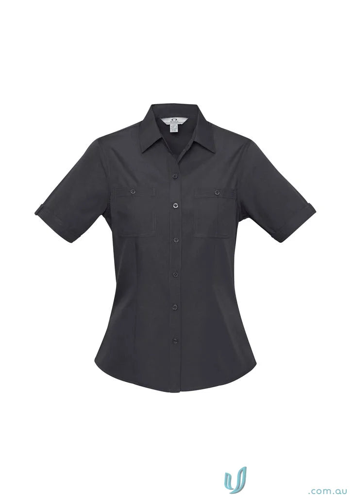 Dark gray womens bondi short sleeve button-down shirt from Biz Collection Ladies