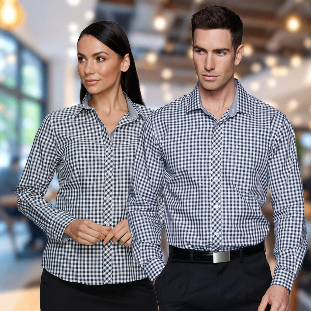 Ladies Brighton LS Shirt in black and white checkered pattern