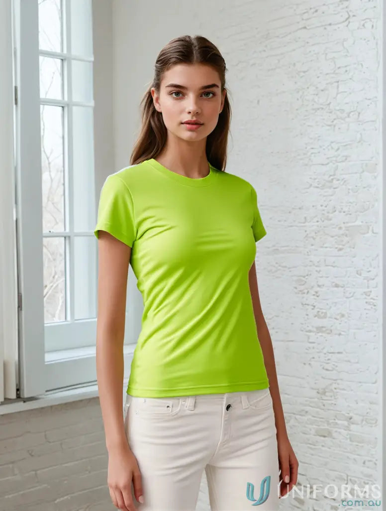 Woman in Ladies Brightport Tee with modern fit, short sleeve tee, and tear-away label