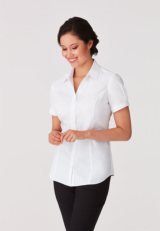 Ladies city stretch classic short sleeve white blouse back view