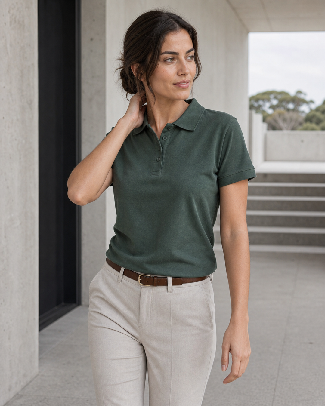 Ladies Cotton Stretch Pique Polo on 25-year-old Australian model