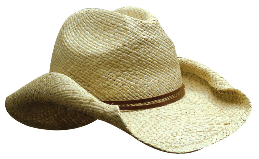 Ladies Cowboy Straw beige hat with brown leather band, 58cm stock imprint