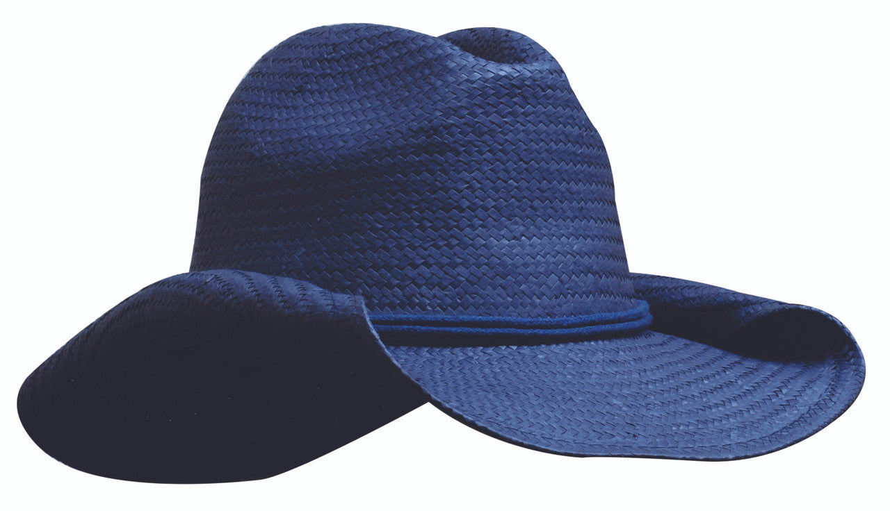 Ladies Cowboy Straw navy woven hat with wide brim, 58cm stock imprint band