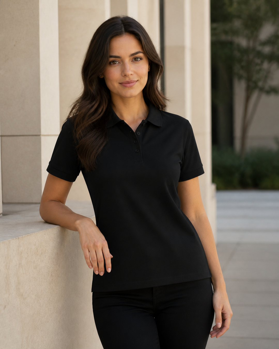 Ladies Dark 210 Polo worn by a professional Australian model