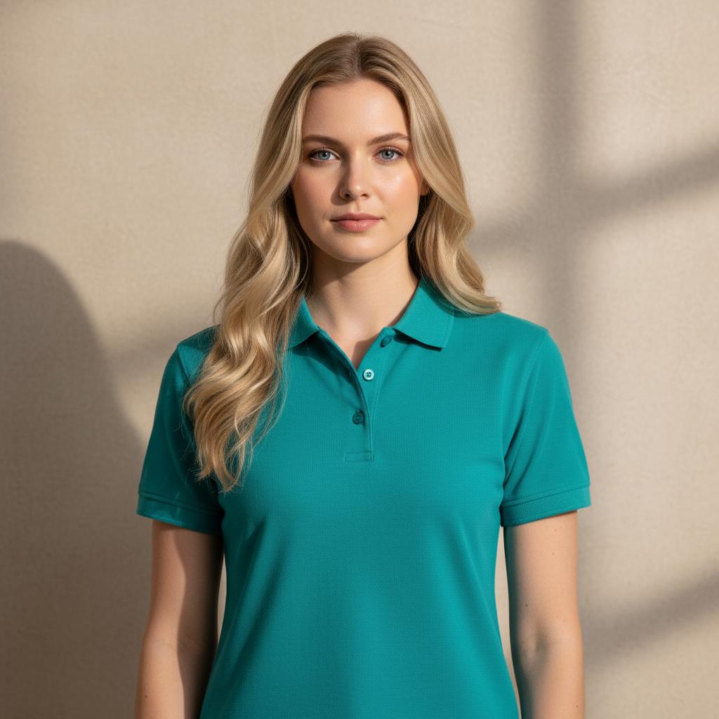 Jb’s ladies dark 210 polo with teal knitted collar and UPF protection