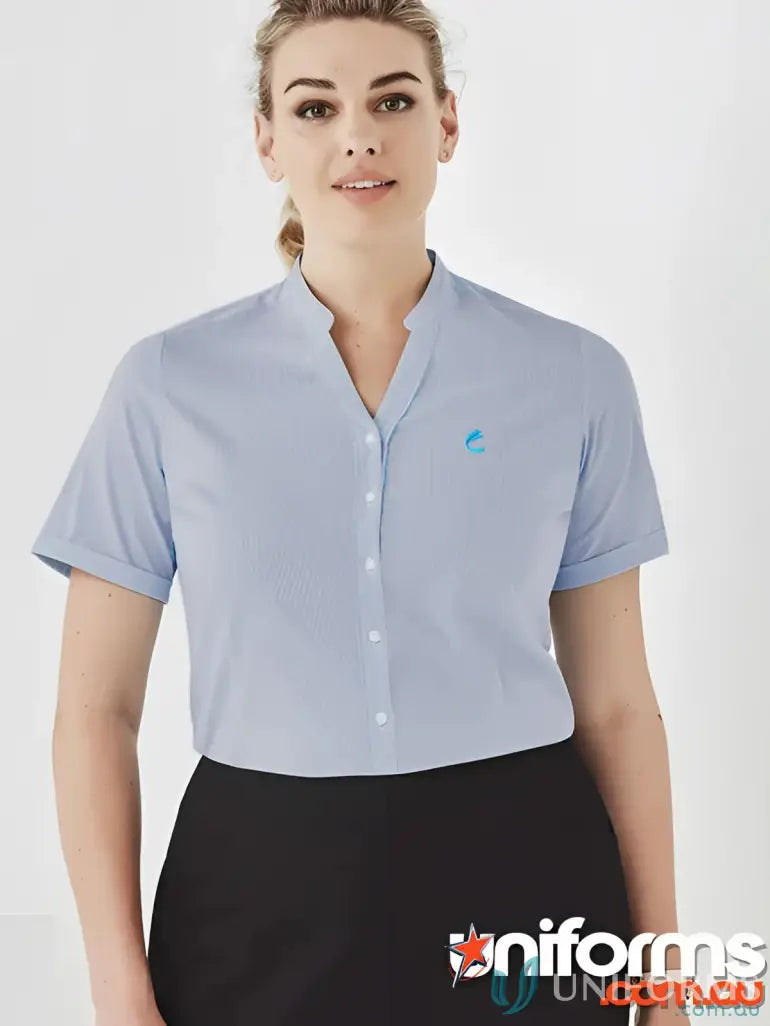 Woman wearing light blue yarn dyed fine stripe cotton-rich fabric shirt for Ladies EMB SS Shirt