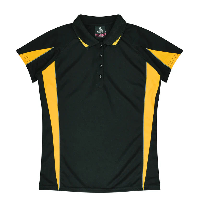 Ladies Eureka Polo black yellow striped short sleeve collar