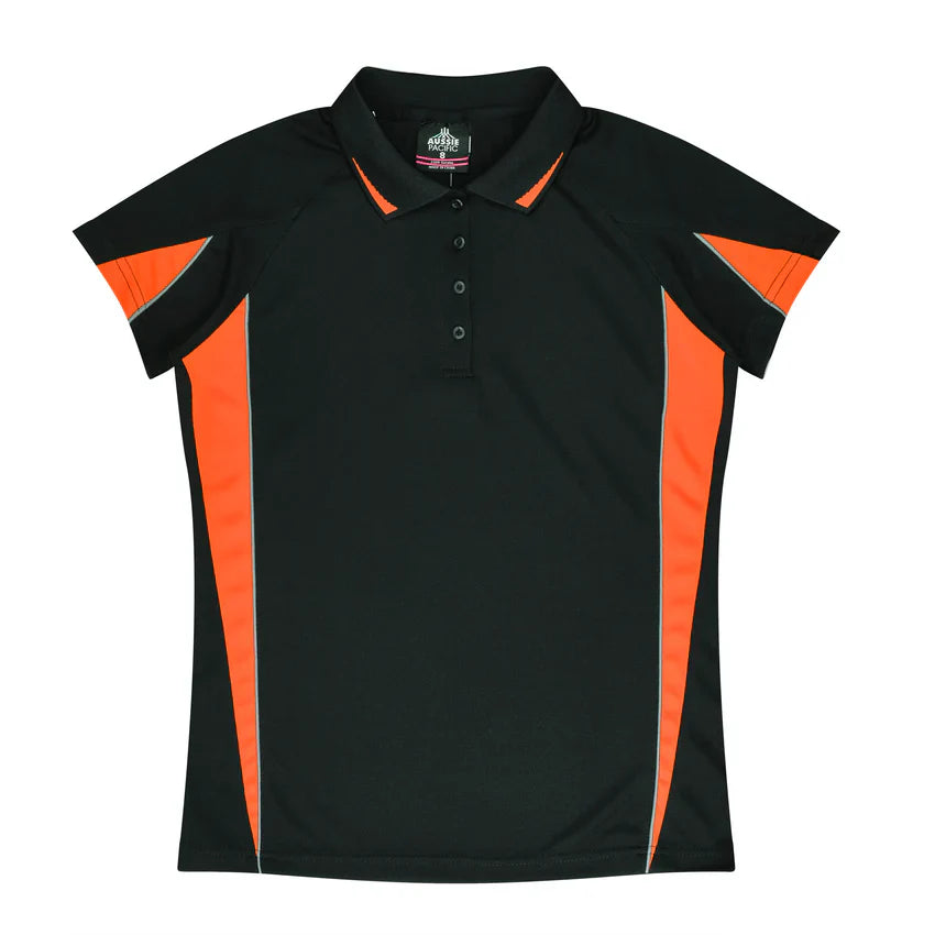 Ladies Eureka Polo: black orange short sleeve with silver trim