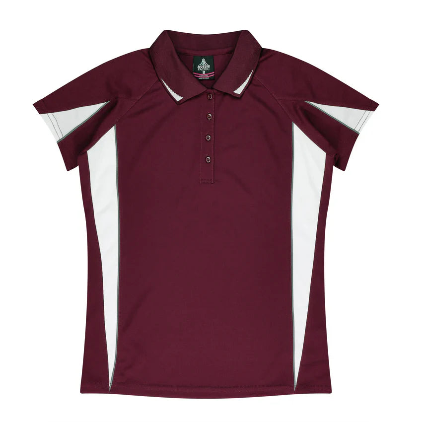 Ladies Eureka Polo maroon white short sleeve collar shirt