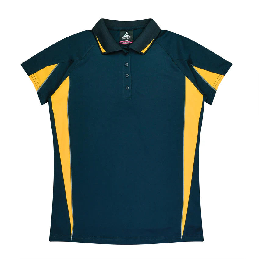 Ladies Eureka Polo in dark green and yellow athletic design