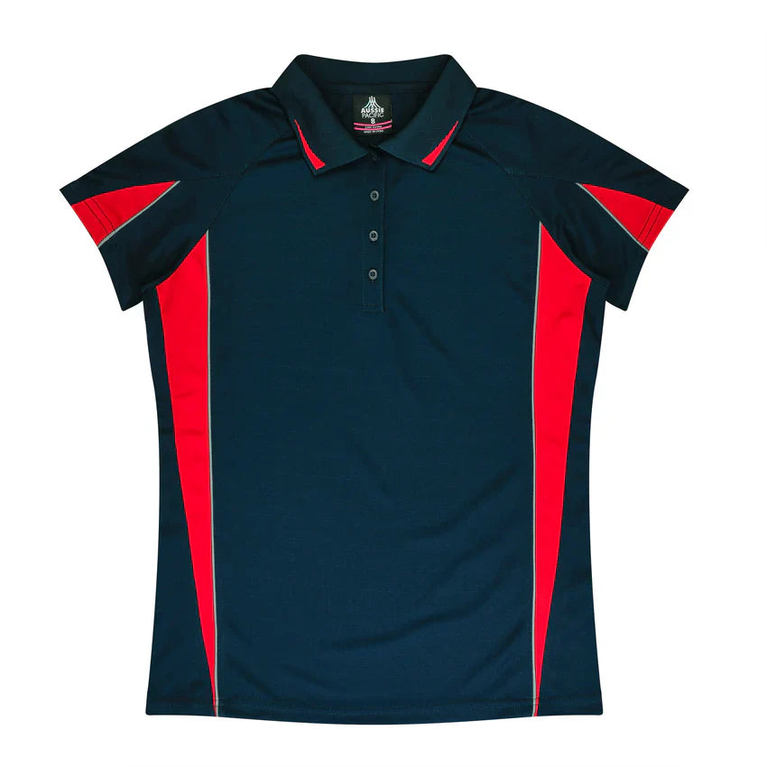 Ladies Eureka Polo: dark navy short-sleeve with red side panels